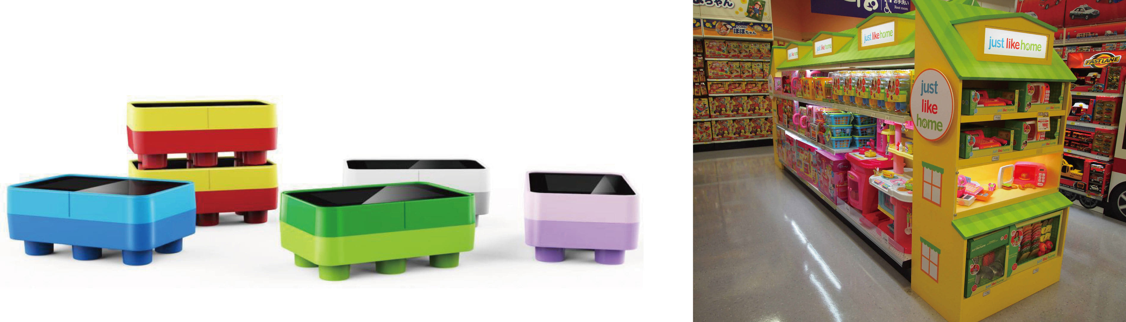 (左)キッズ向けデジタルテーブル「Kid’s Touch」(右)おままごと・キッチントイ体験コーナー