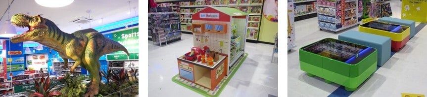 (左) 動く“ティラノサウルス”模型 (中央) キッチン型ディスプレイ (右) キッズ向けデジタルテーブル「Kid’s Touch」